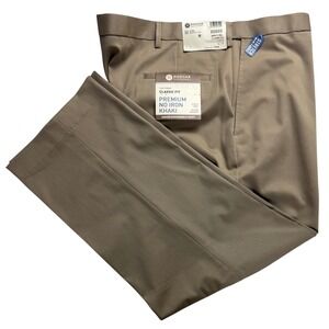 Haggar Mens No Iron Khaki Classic Fit Flat Front Pants 44x29 expandable waist